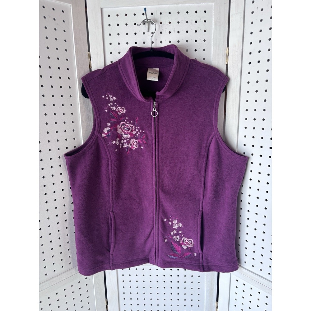 Blair‎ Embroidered Zip Up Vest Floral Purple Fleece Women's Lg